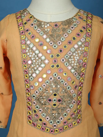 Peach Mirror Work Georgette Kids Palazzo Suit - Diadem