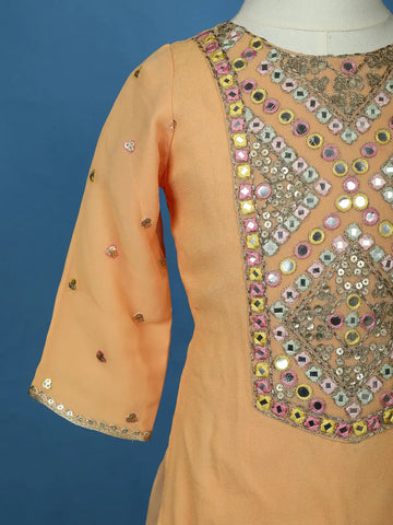 Peach Mirror Work Georgette Kids Palazzo Suit - Diadem