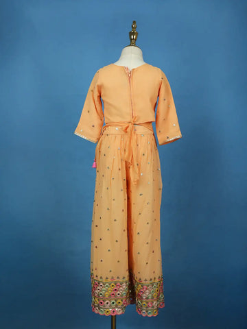 Peach Mirror Work Georgette Kids Palazzo Suit - Diadem