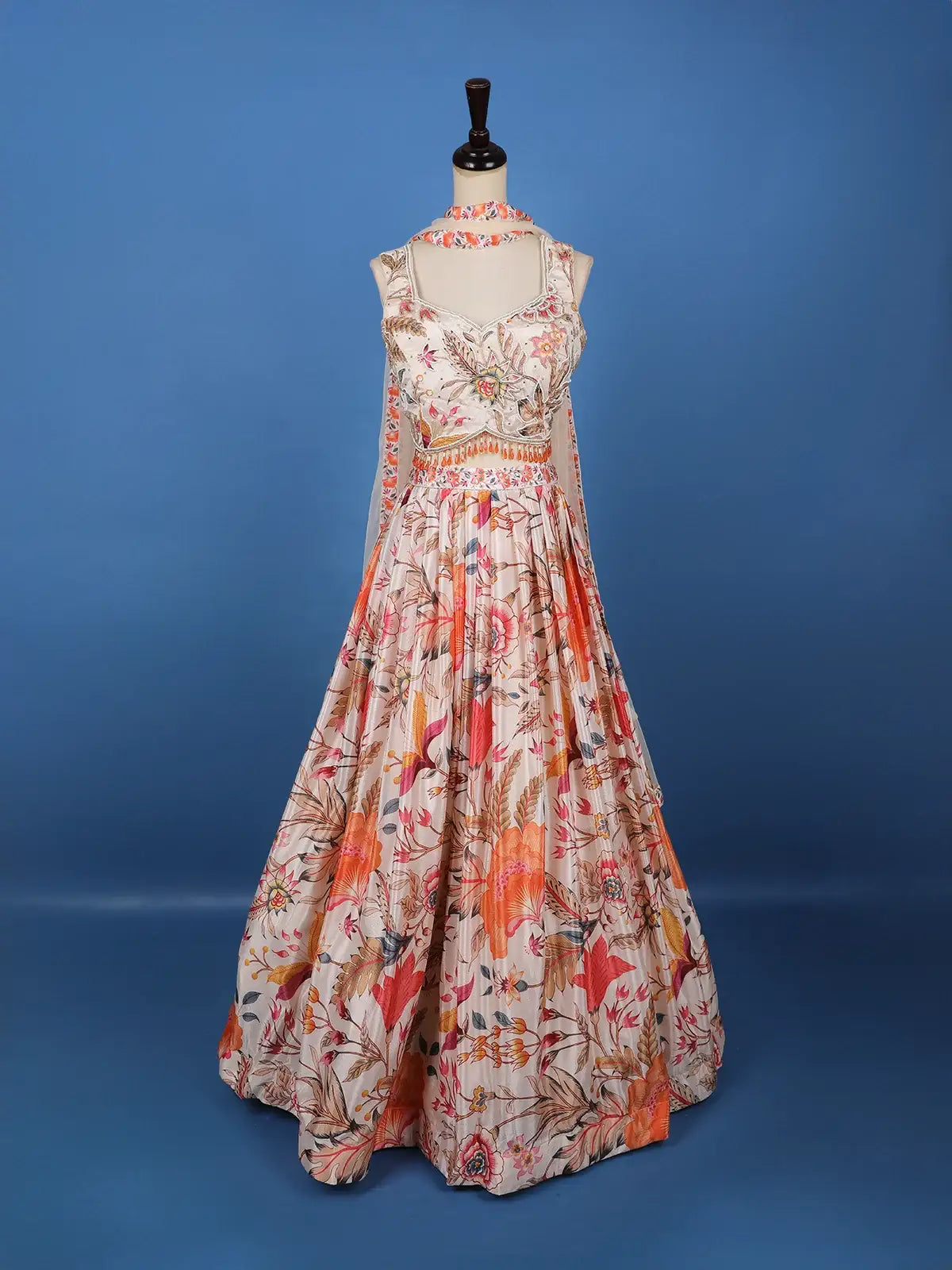 Peach Multi-Color Floral Embroidered Synthetic Lehenga Set - Diadem