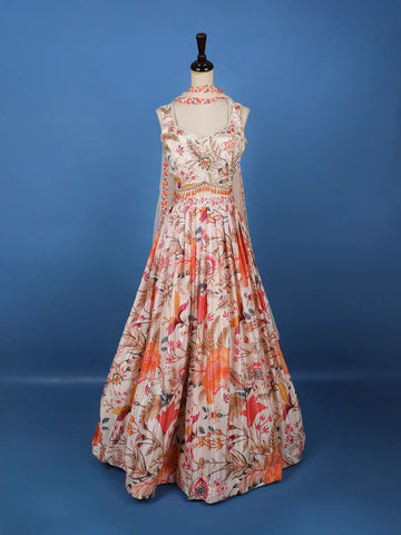 Peach Multi-Color Floral Embroidered Synthetic Lehenga Set - Diadem