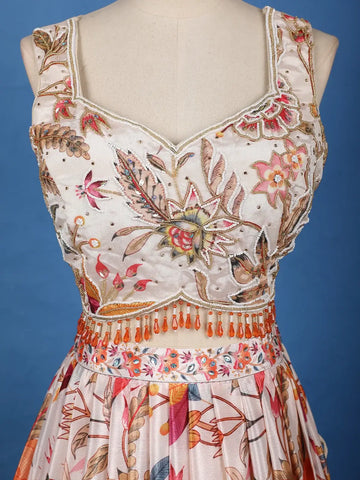 Peach Multi-Color Floral Embroidered Synthetic Lehenga Set - Diadem