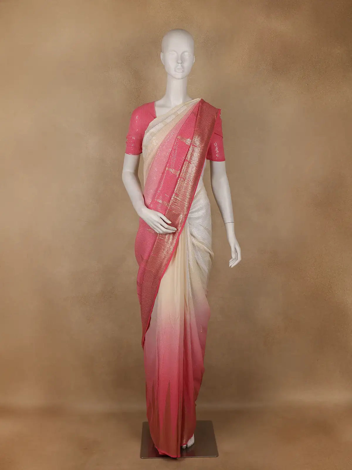 Peach Pink And Cream Ombre Sequin Embellished Chiffon Saree - Diadem
