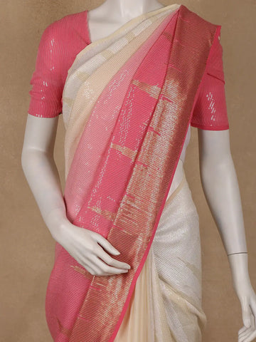 Peach Pink And Cream Ombre Sequin Embellished Chiffon Saree - Diadem