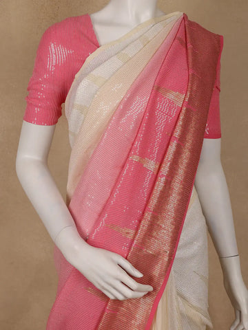 Peach Pink And Cream Ombre Sequin Embellished Chiffon Saree - Diadem