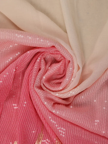Peach Pink And Cream Ombre Sequin Embellished Chiffon Saree - Diadem