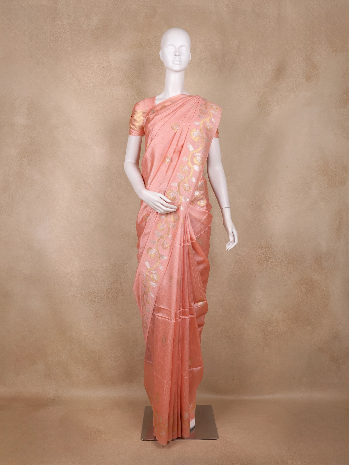 Peach Pink Floral Butta Woven Design Semi Tussar Saree