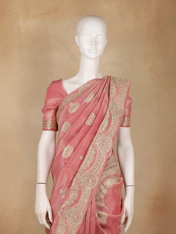 Peach Pink Floral Design Organza Silk Saree With Sequins and Zari Border - Diadem