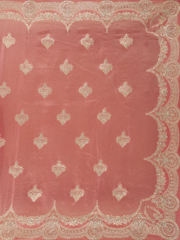 Peach Pink Floral Design Organza Silk Saree With Sequins and Zari Border - Diadem