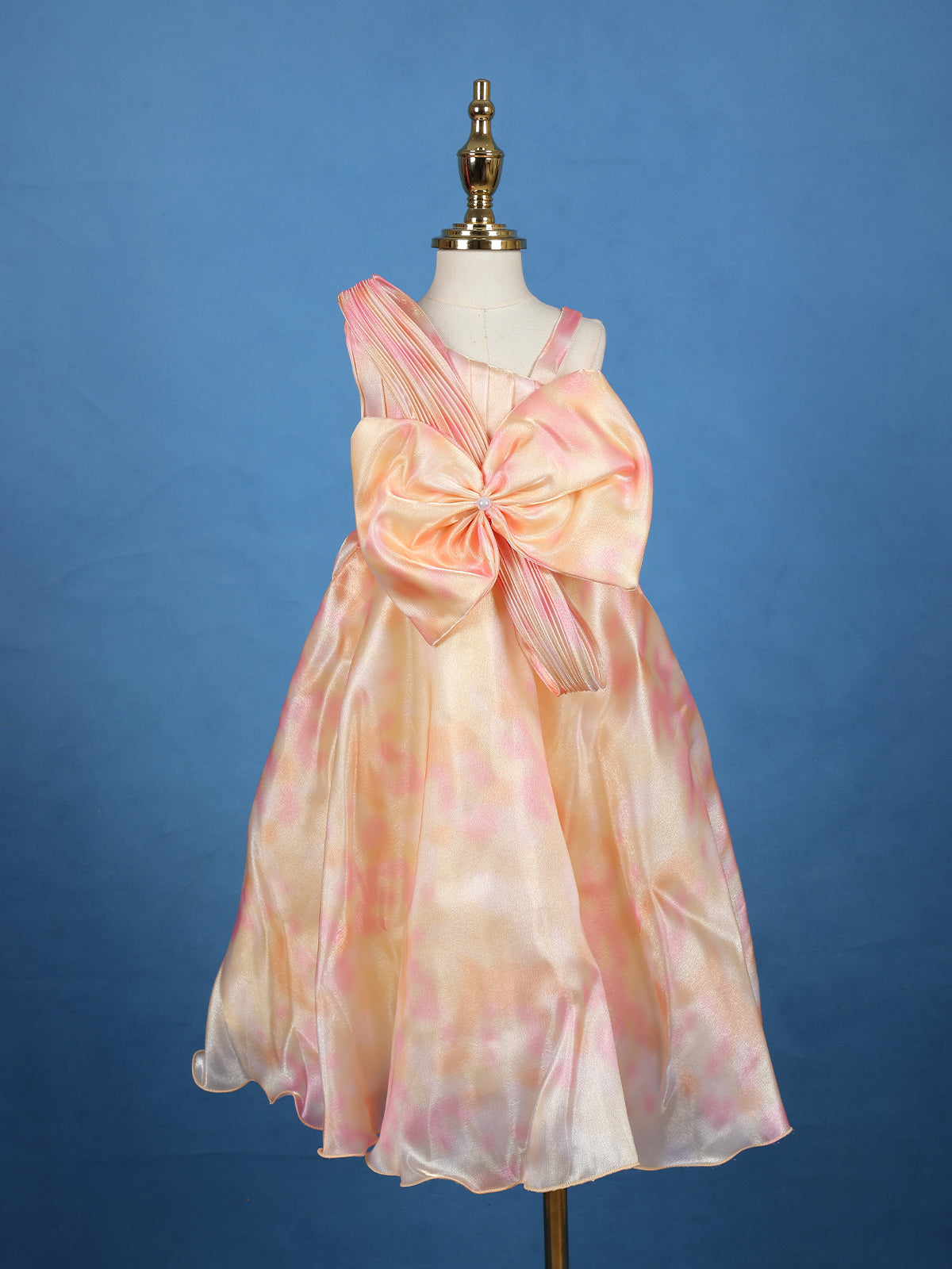 Peach Pink Floral Design Satin Party Frock