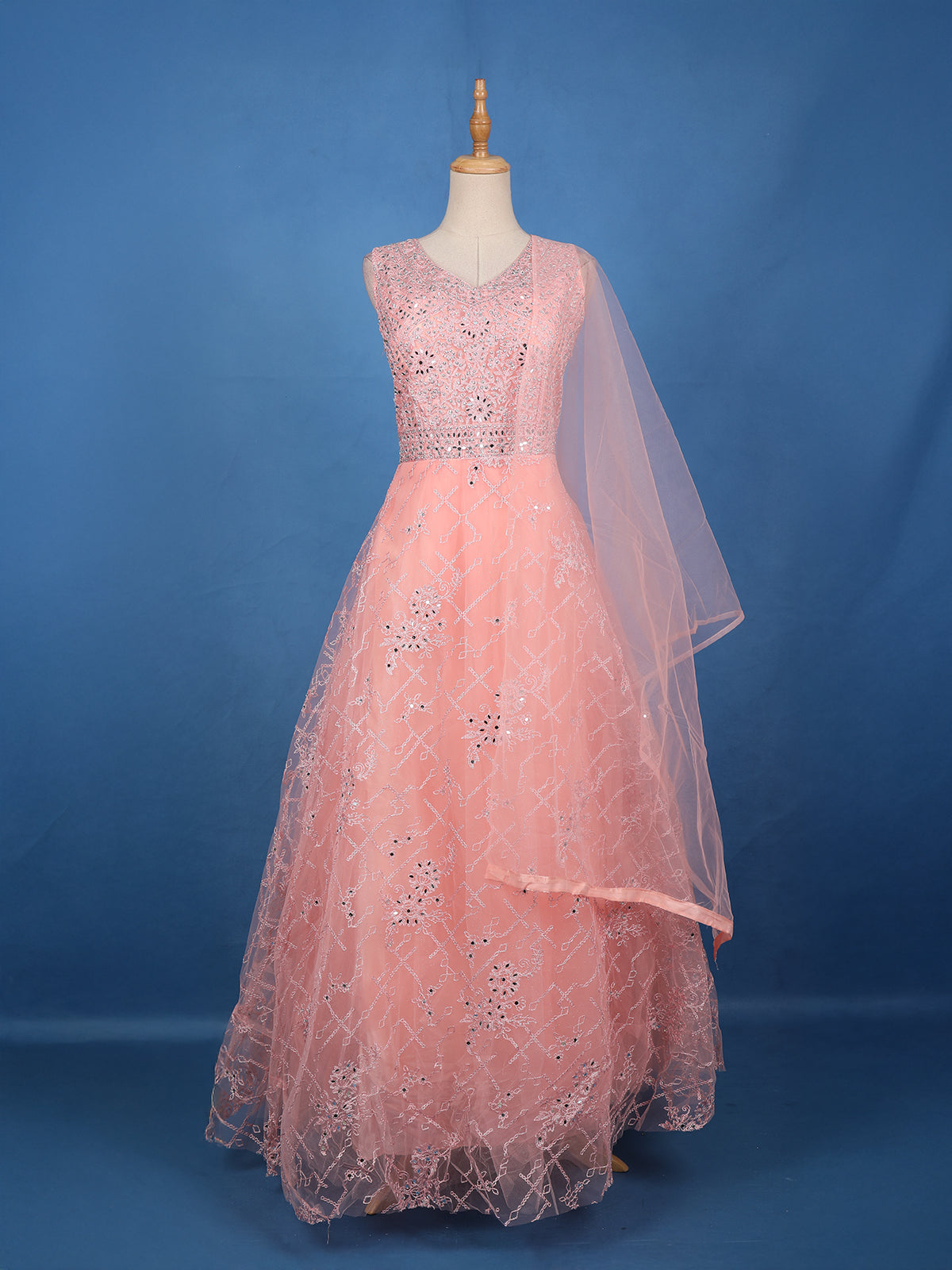 Peach Pink Floral Embroidered Design Net Gown