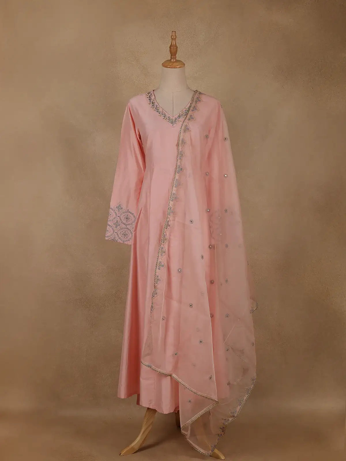 Peach Pink Floral Sequins Embroidery Silk Cotton Salwar Suit - Diadem