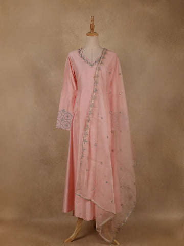 Peach Pink Floral Sequins Embroidery Silk Cotton Salwar Suit - Diadem