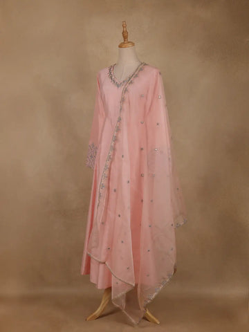 Peach Pink Floral Sequins Embroidery Silk Cotton Salwar Suit - Diadem