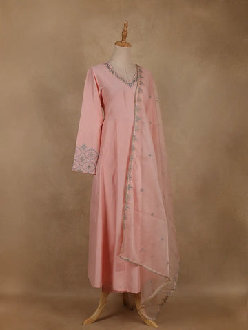 Peach Pink Floral Sequins Embroidery Silk Cotton Salwar Suit - Diadem
