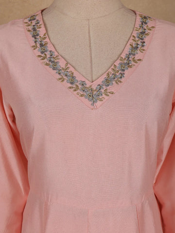 Peach Pink Floral Sequins Embroidery Silk Cotton Salwar Suit - Diadem