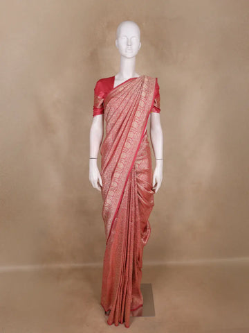 Peach Pink Floral Woven Design Pure Banarasi Saree - Diadem