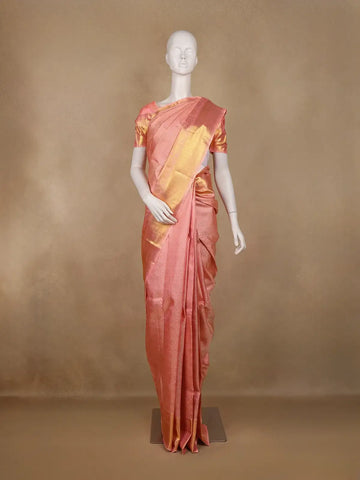 Peach Pink Floral Woven Pure Kanchipuram Silk Saree - Diadem