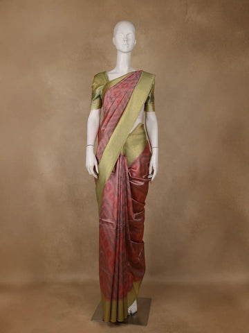 Peach Pink Zigzag Design Tussar Silk Saree With Contrast Border - Diadem