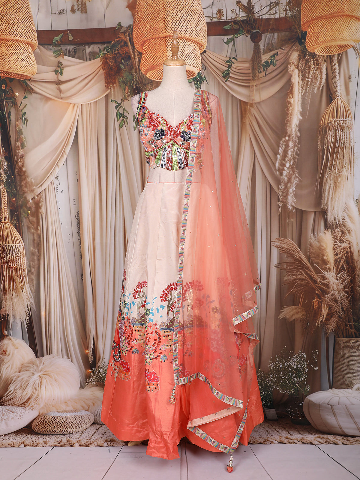 Peach Sequins and Bead Embroidered Tissue Silk Lehenga Set with Net Dupatta