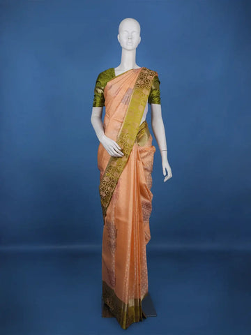 Peach Woven Design Pure Kanchipuram Silk Saree with Olive Green Floral Zari Border - Diadem