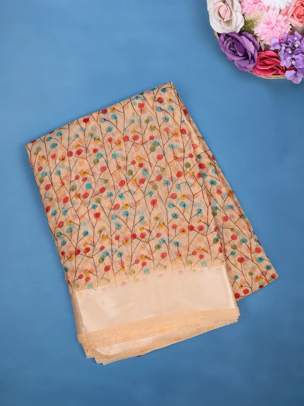 Peach Floral Designed Fancy Cotton Saree - Diadem