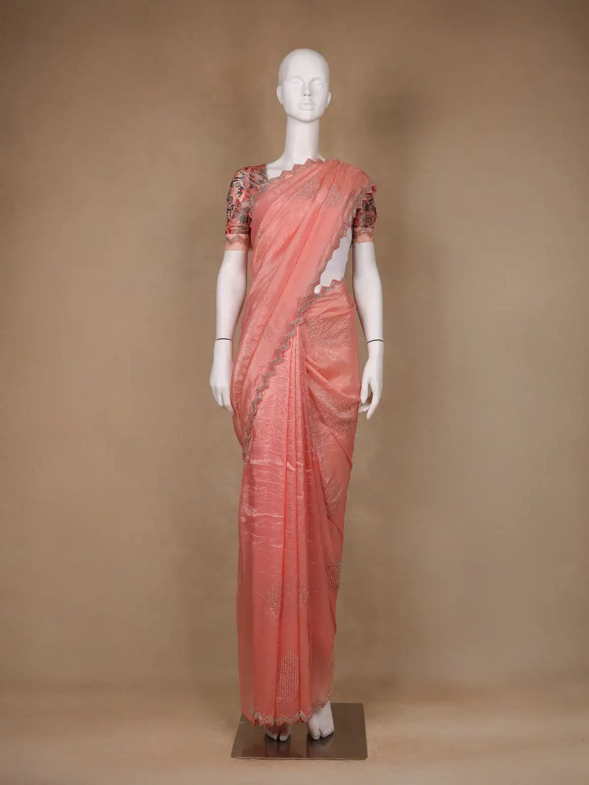 Peach Floral Designed Organza Designer Saree - Diadem