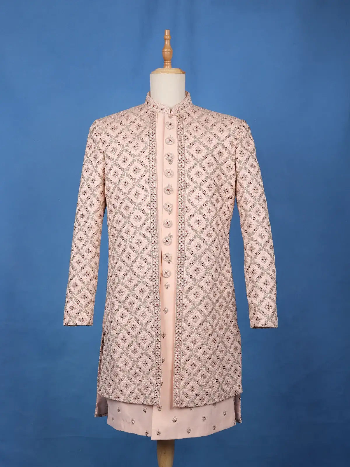 Peach Floral Embroidered Jacquard Sherwani Suit - Diadem