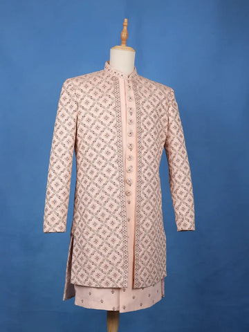Peach Floral Embroidered Jacquard Sherwani Suit - Diadem
