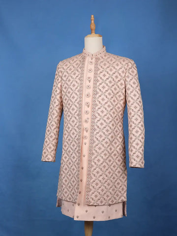Peach Floral Embroidered Jacquard Sherwani Suit - Diadem