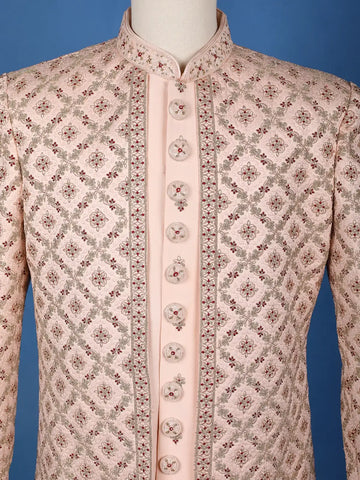 Peach Floral Embroidered Jacquard Sherwani Suit - Diadem