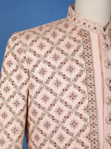 Peach Floral Embroidered Jacquard Sherwani Suit - Diadem