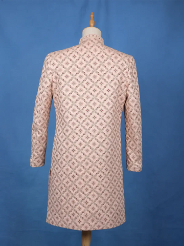 Peach Floral Embroidered Jacquard Sherwani Suit - Diadem