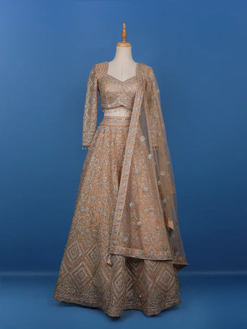Peach Floral Embroidered Net Lehenga for Brides - Diadem