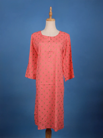 Peach Floral Geometric Design Printed Cotton Kurti - Diadem