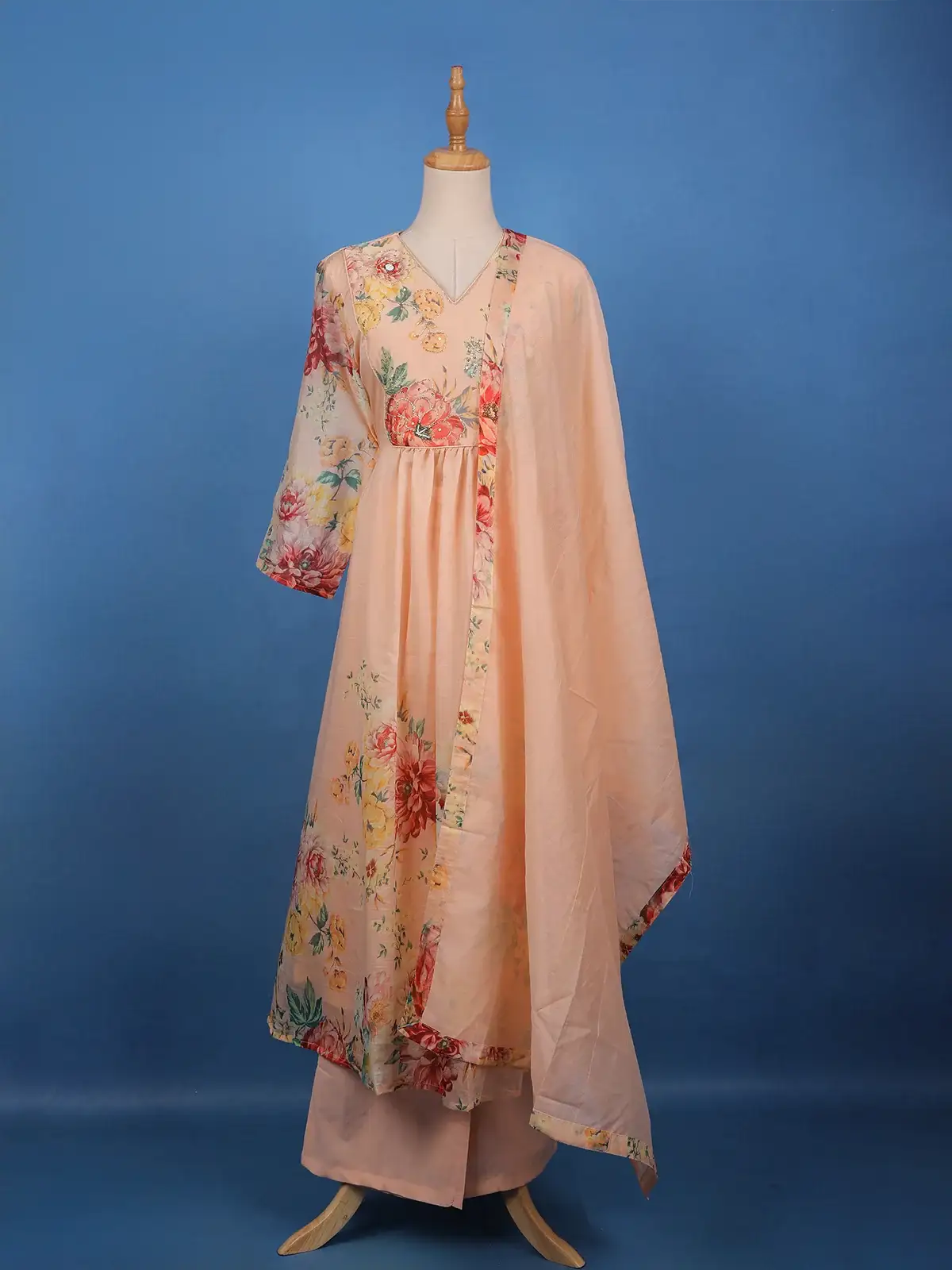 Peach Floral Printed Cotton Anarkali Salwar Suit Set - Diadem