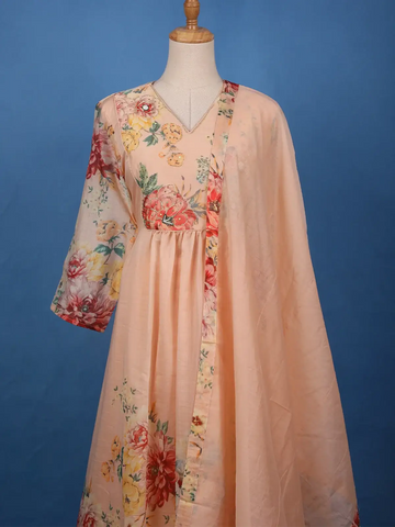 Peach Floral Printed Cotton Anarkali Salwar Suit Set - Diadem