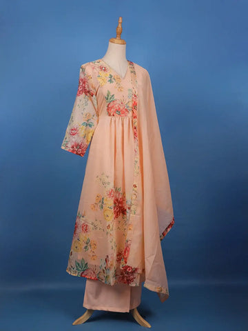 Peach Floral Printed Cotton Anarkali Salwar Suit Set - Diadem