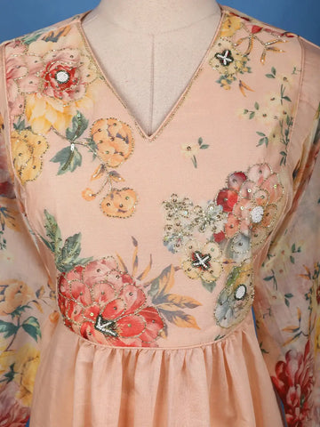 Peach Floral Printed Cotton Anarkali Salwar Suit Set - Diadem
