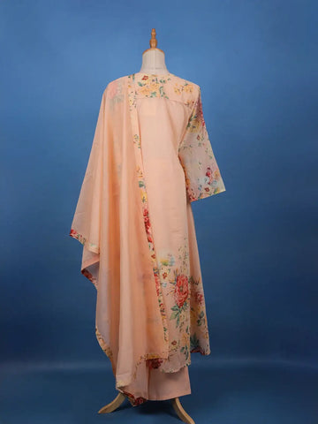 Peach Floral Printed Cotton Anarkali Salwar Suit Set - Diadem