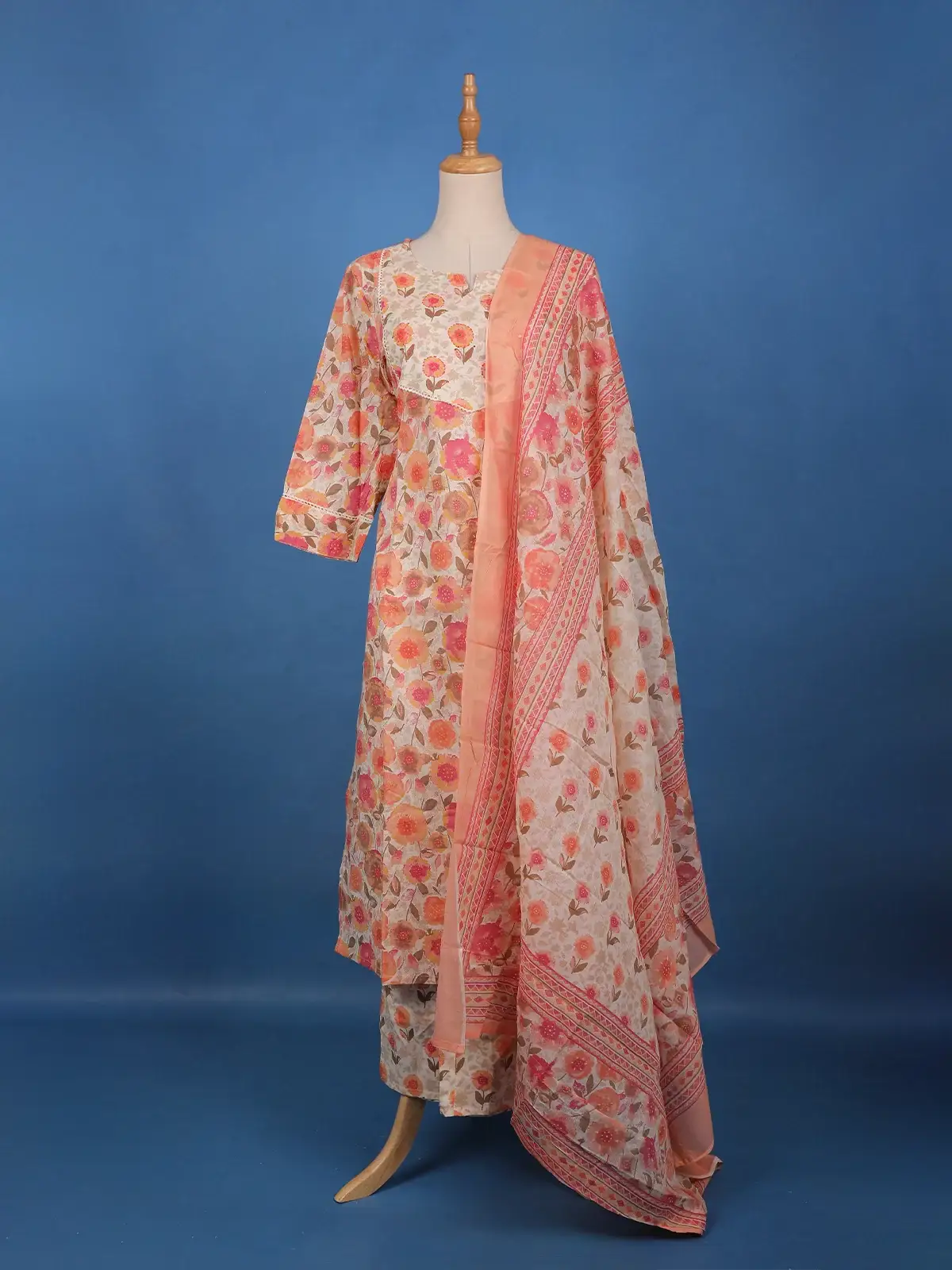 Peach Floral Printed Cotton Salwar Suit Set with Dupatta - Diadem