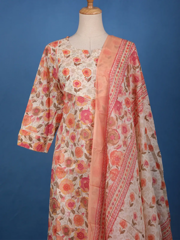 Peach Floral Printed Cotton Salwar Suit Set with Dupatta - Diadem