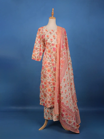 Peach Floral Printed Cotton Salwar Suit Set with Dupatta - Diadem