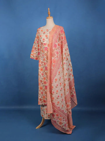 Peach Floral Printed Cotton Salwar Suit Set with Dupatta - Diadem
