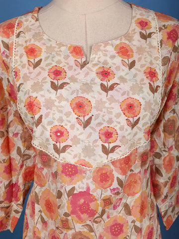 Peach Floral Printed Cotton Salwar Suit Set with Dupatta - Diadem