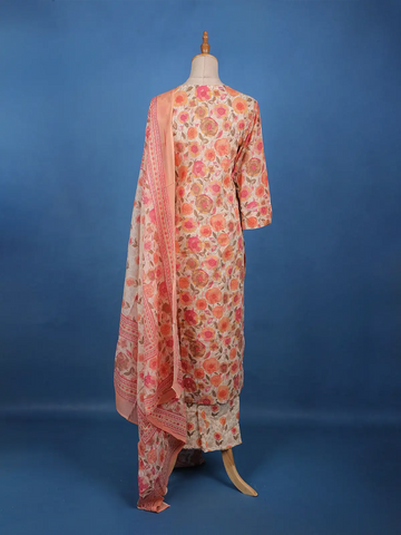 Peach Floral Printed Cotton Salwar Suit Set with Dupatta - Diadem