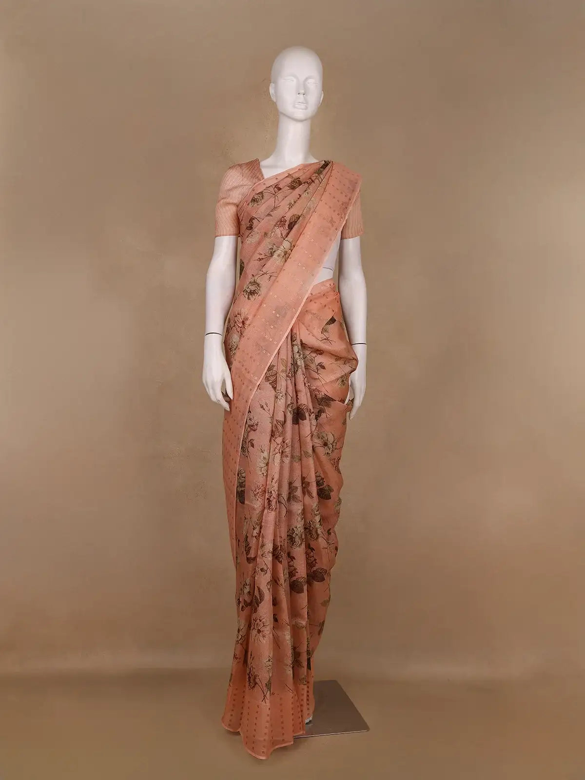 Peach Floral Printed Pura Tussar Silk Saree - Diadem