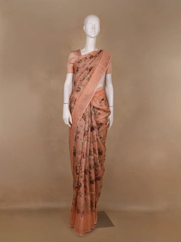 Peach Floral Printed Pura Tussar Silk Saree - Diadem