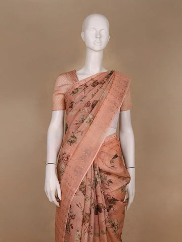 Peach Floral Printed Pura Tussar Silk Saree - Diadem