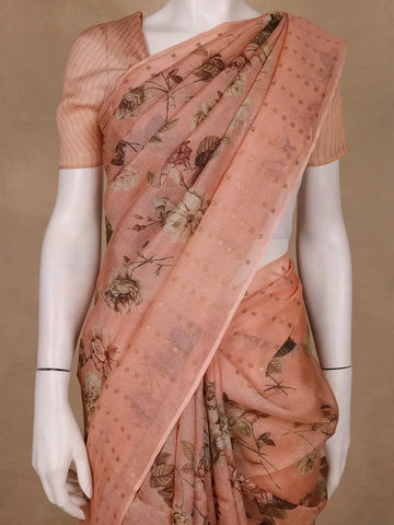 Peach Floral Printed Pura Tussar Silk Saree - Diadem